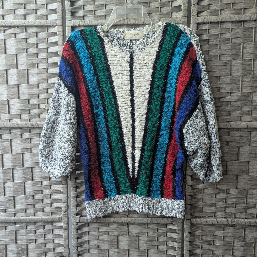 Vtg 80s Sweater Multicolor Chevron Lurex Dolman Sleeve Sz M Textured Shimmer